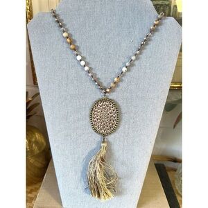 Pink Panache Elegant Brown/Gold Beaded Necklace with Oval Rhinestone Pendant